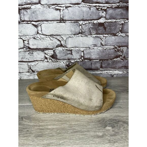 Papillio Birkenstock Metallic Silver Shimmer Cork Wedge Slide Sandals Women 40EU - Picture 4 of 16